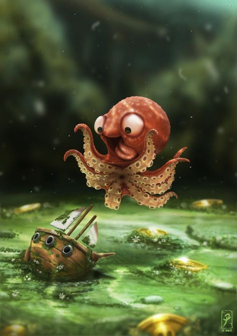 "May you be as happy as a baby Kraken finding the perfect size ship.'' - Imgur -- It's so cute! The Kraken, Disney Films, Cthulhu, Kraken, 귀여운 동물, Character Concept, Funny Cute, Octopus, Cute Drawings