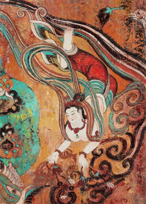 Flying Apsara - painting by Chinese pinter Xie Xiaobing in the Dunhuang Dream - Dunhuang Murals Exhibition Dunhuang, Fresco, Apsara Painting, Dunhuang Murals, Dunhuang Feitian, Emoji Drawings, 18th Century Paintings, Traditional Medicine, Star Rail