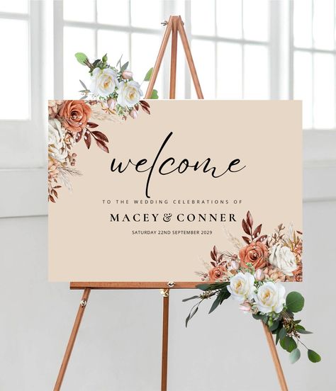 These Rustic Autumn Wedding Welcome Boards featuring vintage dried florals, autumnal beige & orange tones offer a little Autumnal charm to your big day. Choose between a neutral [with black font] or an orange background [with white font] EVERY DESIGN IN MY SHOP IS AVAILABLE ON EVERY PRODUCT AND I ALSO TAKE FULLY BESPOKE ORDERS; SO PLEASE ASK IF YOU CAN'T FIND WHAT YOU'RE LOOKING FOR. PLEASE ALSO GET IN TOUCH FOR A QUOTE IF THE QUANTITY YOU REQUIRE IS NOT ON THE PULL DOWN MENU. A4 Paper Poster Pr Autumn Wedding Welcome Sign, Rustic Wedding Entrance, Wedding Boards Signs Entrance, Wedding Welcome Board Design, Dried Florals Wedding, Wedding Welcome Boards, Wedding Reception Board, Rustic Autumn Wedding, Signage Board