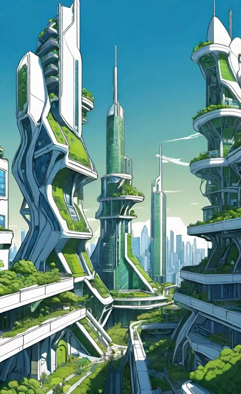 Green Building Design Concept, Future Town Drawing, Futuristic Alien City, Future Buildings Architecture, Arcology Concept Art, City Of The Future Drawing, Solarpunk Landscape, Aetherpunk City, Utopia Concept Art