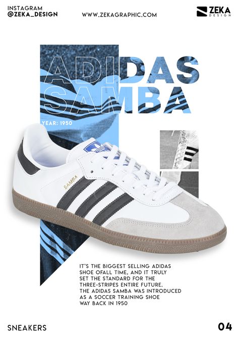 Adidas Samba minimalist Editorial design poster from Sneakers Poster Series by Zeka Design, Check the link to discover the entire graphic poster design collection and get best graphic design inspiration! Creative editorial design inspiration and creative poster art ideas. Poster made using digital collage and adobe Photoshop. Check my graphic design portfolio for more art inspiration and minimalist design projects. #sneakers #fashion #design #art Creative Graphic Design Inspiration Apparel Advertising Design, Footwear Graphic Design, Graphic Design Shoes, Sneakers Banner Design, Adidas Design Graphic, Adidas Poster Design, Adidas Moodboard, Adidas Graphic Design, Shoes Poster Design Ideas