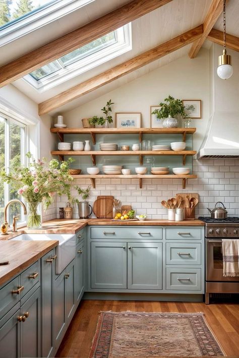 Cozy Cottage Kitchen, Galley Kitchens, Cottage Kitchens, Kitchen Inspiration Design, Cottage Kitchen, Kitchen Makeover, Cozy Cottage, Dream House Decor, Wooden Shelves