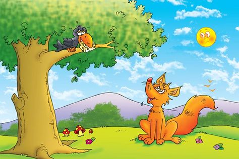 The Fox And The Crow Story For Kids In English, With Moral Butterfly Cartoon Images, Crow Story, The Fox And The Crow, Picture Story Writing, Picture Story For Kids, Crow Pictures, Cunning Fox, Moral Stories For Kids, Kids Story