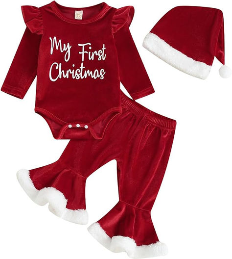 FOCUSNORM Toddler baby girl Christmas Outfits Letter Ruffle Long Sleeve Romper Flare Pants sets Newborn Fall Winter Clothes Velvet Flare Pants, Jumpsuit Outfits, Girls Christmas Outfits, Velvet Flares, My First Christmas