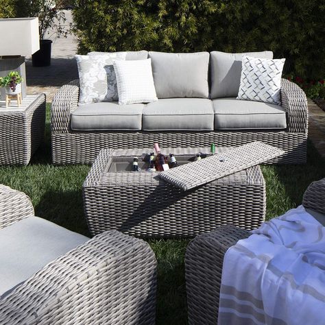 Grey Outdoor Wicker Furniture Set with Sofa & 2 Chairs | Jerome's White Wicker Outdoor Furniture, Modern Indoor Wicker Furniture, Gray Patio Furniture Decor, Grey Wicker Patio Furniture, Farm Patio, Outdoor Furniture Ideas Backyards, Gazebo Decor, Gray Patio Furniture, Beach Sofa