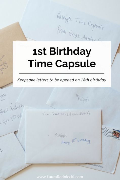 A Time Capsule for Raleigh's First Birthday | Baby Time Capsule Time Capsule Birthday, Personalised 1st Birthday Gifts, Baby Time Capsule, Birthday Time Capsule, Boys First Birthday Party Ideas, Birthday Traditions, Baby's First Birthday, Birthday Keepsakes, Birthday Letters