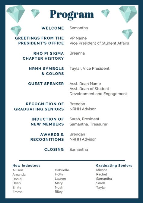 NRHH Induction Ceremony program template. Last names and personal information taken out. Created on Canva. Honors Society Induction, School Awards Ceremony, Beta Club, Chocolate Layer Cake Recipe, Ceremony Template, Personal Development Plan Example, Diy Invitation Card, Ceremony Program Template, Work Bulletin Boards