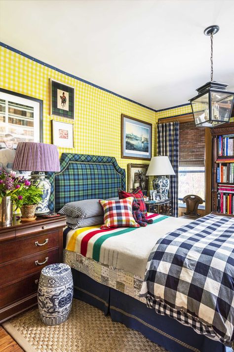 Plaid Bedroom, Tartan Decor, Colorful Apartment, Custom Headboard, Relaxing Bedroom, Comfy Sofa, Yellow Walls, House Beautiful, Repurposed Furniture