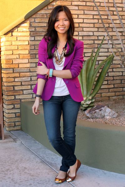 Violet Blazer Outfit, Magenta Blazer Outfit, Magenta Jacket Outfit, Purple Blazer Outfits For Women, Magenta Outfit, Purple Blazer Outfit, Polka Dot Skirt Outfit, Dot Skirt Outfit, Purple Blazer