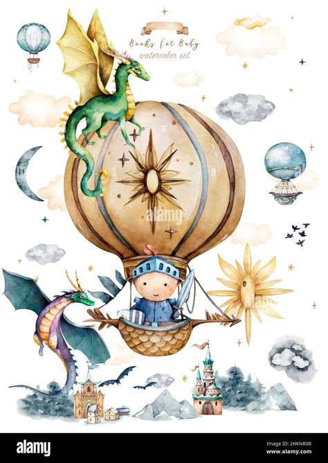 Download this stock image: dragons, prince and princess, mystical story, balloons, outdoor activities, castle, rainbow, sunny day vintage style watercolor, pastel color - 2HKNRXR from Alamy's library of millions of high resolution stock photos, illustrations and vectors. Dragon Kid, Dragon Wall, Baby Dragon, Kids Wallpaper, Hot Air Balloon, Air Balloon, Hot Air, Mural Wallpaper, Pastel Colors