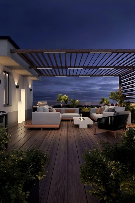 Modern luxury backyard with stylish fire pit and fireplace Modern Balcony Ideas Luxury, Fire Pit Terrace, Balcony Modern Luxury, Modern Patio Design Luxury, Roof Garden Ideas Modern, Rooftop Fire Pit, Building Terrace Design, Home Rooftop Ideas, Backyard Roof Ideas Patio