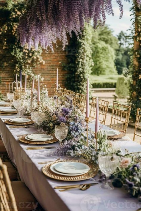 Lilac And Sage Table Setting, Lavender And Green Wedding Decorations, Wedding Table Purple, Formal Wedding Place Settings, Enchanted Garden Wedding Reception, Purple And Green Table Setting, European Garden Party Wedding, Sage And Lavender Wedding Centerpieces, French Wedding Table Setting