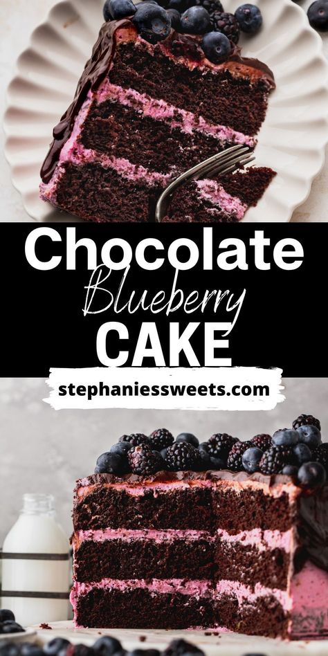 Chocolate Blueberry Cake, Blueberry Chocolate Cake, Blueberry Puree, Blueberry Cake Filling, Blueberry Frosting, Chocolate Blueberry, Snack Cakes, Blueberry Cake Recipes, Blueberry Chocolate