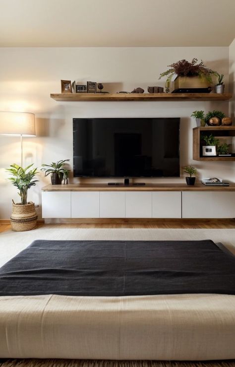 Decorating Around Mounted Tv Wall, Tv Wall With Floating Shelves Mounted Tv, Long Shelf Under Tv, Under Tv Mount Ideas, Bedroom Tv Shelf, Shelves On Tv Wall, Tv Shelving Ideas Tv Walls, Tv Long Wall Ideas, Book Shelf Above Tv