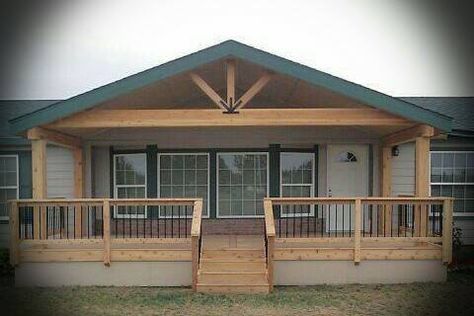 Farmhouse Front Porch On Mobile Home, Front Porch Elevation Ideas, Manufactured Home Gable Porch, Front Porch Ideas Trailer, Ranch Style Homes With Front Porch, Back Porch Ideas For Mobile Home, Modular Home Front Porch Addition, Adding A Front Porch To A Modular Home, Porch Designs For Mobile Homes