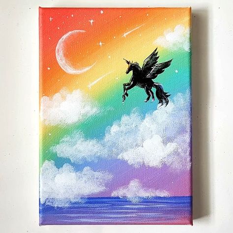 Rainbow Sky with Unicorn Acrylic Painting | work of art, unicorn, art of painting | Rainbow Sky with Unicorn Acrylic Painting #art #artist #artwork #acrylic #painting #eldrawingarts #paintingartwork #acrylicpainting | By El Drawing Arts | Facebook Easy Unicorn Painting, How To Draw A Unicorn, Children Painting Ideas, Unicorn Art Painting, Rainbow Sky Painting, Unicorn Painting Canvas, Unicorn Acrylic Painting, Rainbow Painting Ideas, Unicorn Paintings