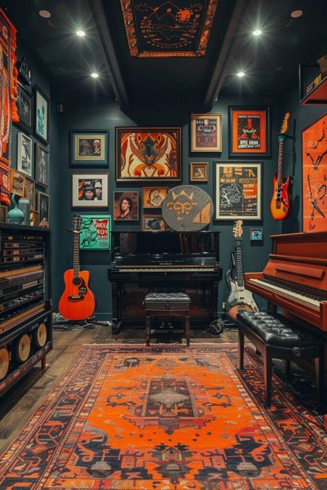 Musical Haven Jam Room Ideas Music Studios, Band Practice Room Ideas, Eclectic Music Room, Music Memorabilia Display Ideas, In Home Music Studio, Green Music Room, Aesthetic Music Room, Music Corner Living Room, Home Recording Studio Design