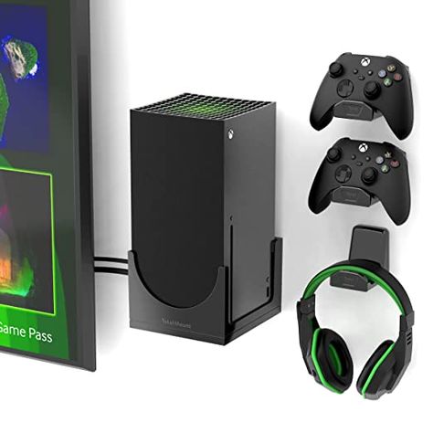 Amazon.com: TotalMount – Wall Mount for Xbox Series X – Prevents Your Xbox from Falling by Securing Each Side (Large Bundle: Wall Mount and 3 Controller Holders) : Video Games Bedroom Gaming Setup With Tv, Xbox Controller Storage Organizing Ideas, Game Console Wall Mount Ideas, Xbox Mounted On Wall, Xbox Series X Wall Mount, Xbox Storage Ideas Wall Mount, Video Game Console Wall Mount, Tv And Xbox On Wall Mounted Tv, Xbox X Setup