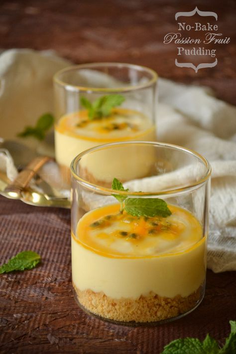 EGGLESS NO-BAKE PASSION FRUIT PUDDING | kurryleaves Passion Fruit Pudding, Fruit Pudding Recipes, Passionfruit Recipes, Fruit Pudding, Cake Light, Eggless Desserts, Cake Vegan, Pudding Cake, Indian Food Recipes Vegetarian