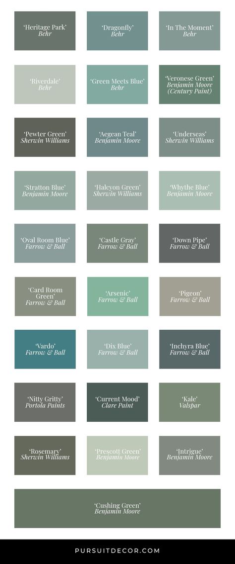 Best Blue Green Paint Colors in Action (by Brand) - Pursuit Decor. Feat. Behr, Benjamin Moore, Sherwin Williams, Valspar, Clare Paint, Farrow & Ball, Portola Paints. Blueish green, teal, sage green, green gray, green toned blue paints. Blue Green Paint Colors Bedroom Ideas, Best Blue Green Paint Colors, Blue Green Paint Colors, Paint Colors Green, Behr Blue, Blue Green Paint, Blue Green Bedrooms, Teal Paint Colors, Green Painted Walls