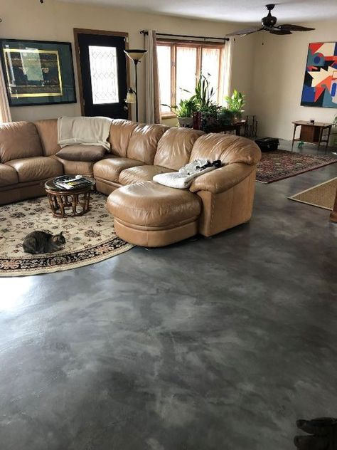 Cement Stained Floors, Stained Concrete Floors Marble Look, Stained Gray Concrete Floors, Concrete Room Ideas, Floor Painting Ideas Concrete Basement, Concrete Stained Floors Living Room, Interior Concrete Floors Living Room, Cement Indoor Floors, Stamped Concrete Living Room Floor