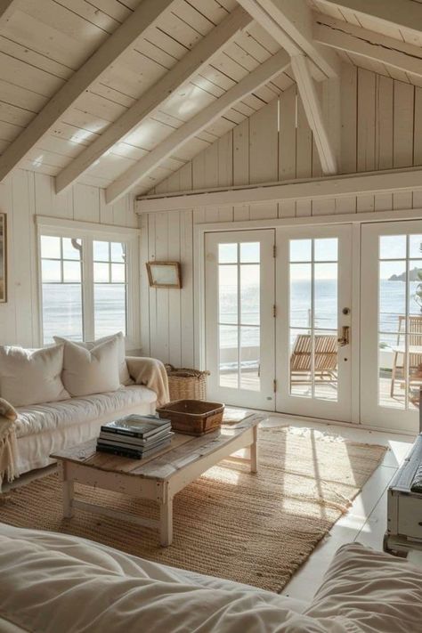 Beach Bungalows Interior, Small Beach House Interior, Beach Cottage Ideas, Nantucket Style Homes, Small Beach Houses, House Ceiling, Diy Beach, Dream Beach Houses, Beach Room