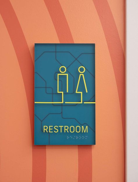 Atworth ✎ YDI Toilet Wayfinding, Office Wayfinding, Graphic Signage, Signage Graphic Design, Environmental Signs, Hotel Wayfinding, Toilet Signage, Geometric Tattoo Pattern, Ada Signage