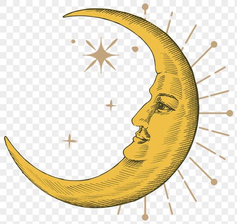 Vintage Crescent Moon Illustration, Star Moon Illustration, Spiritual Png Aesthetic, Vintage Star Illustration, Transparent Images Aesthetic, Moon Png Aesthetic, Moon Transparent Png, Transparent Png Aesthetic, Moon Transparent Background