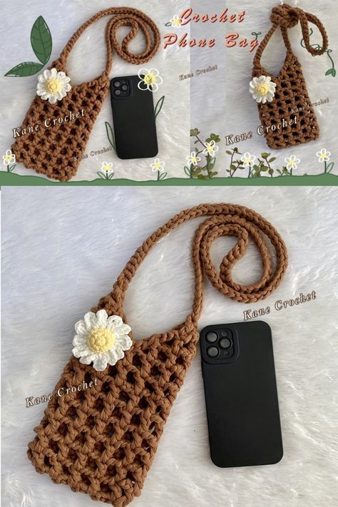 Crochet Phone Bag Tutorial | Net Bag | Crochet Daisy 🌼🌼 How to Crochet Mobile Phone Bag 🌼🌼 Crossbody Bag 🌼🥰💖  Materials 🥰💖 1. Fabric Yarn size 20 mm. 2. Cotton Yarn 4ply size 2 mm. 3. Crochet Hook No.5  size 3 mm. 4. Crochet hook No.10 size 6 mm. 5. Polyester fiber 6. Scissors 7. Needle  Finished size: Height 16 cm. Width 9 cm. Phone Cover Crochet, Crochet Phone Bag Pattern, Crochet Phone Purse, Phone Pouch Crochet, Crochet Mobile Pouch, Net Bag Crochet, Crochet Mobile Cover, Crochet Phone Pouch, Sling Bag Crochet