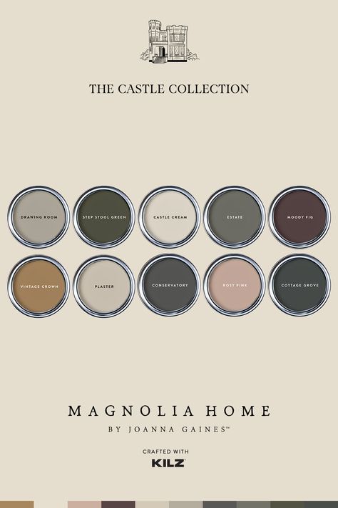 The Castle Collection has been released by Magnolia Home by Joanna Gaines®, a paint palette of ten brand new colors, many of which are named from Castle inspiration or personal connections to Joanna. Explore them all online. Magnolia Farms Paint Colors, Joanna Gaines Home Paint Colors, Joanna Gaines Wall Colors, Timeless Colors Palette, Joanna Gaines Home, Cottage House Paint Colors, Magnolia Beige Paint Colors, Magnolia Home Color Palette, Magnolia Castle Paint Colors