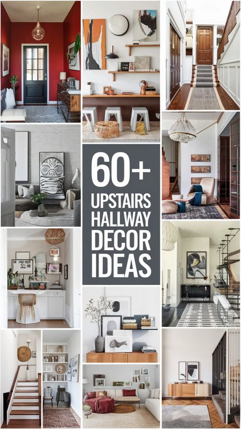 Don't overlook your hallway! These upstairs hallway decor ideas will help you turn an empty space into a stylish and inviting part of your home. From gallery walls to smart storage solutions, get inspired! 🎨🖼️ #HomeDecor #HallwayDecor #InteriorDesign #DecorIdeas #SmallSpaceDecor Decorating Ideas For Long Hallways, How To Decorate Upstairs Hallway, Landing Wall Decor, Landing Decor Upstairs, Gallery Hallway Ideas, Top Of The Stairs Decor, Small Landing Ideas Upstairs, Top Of Stairs Decor Upstairs Landing, Long Wall Decorating Ideas