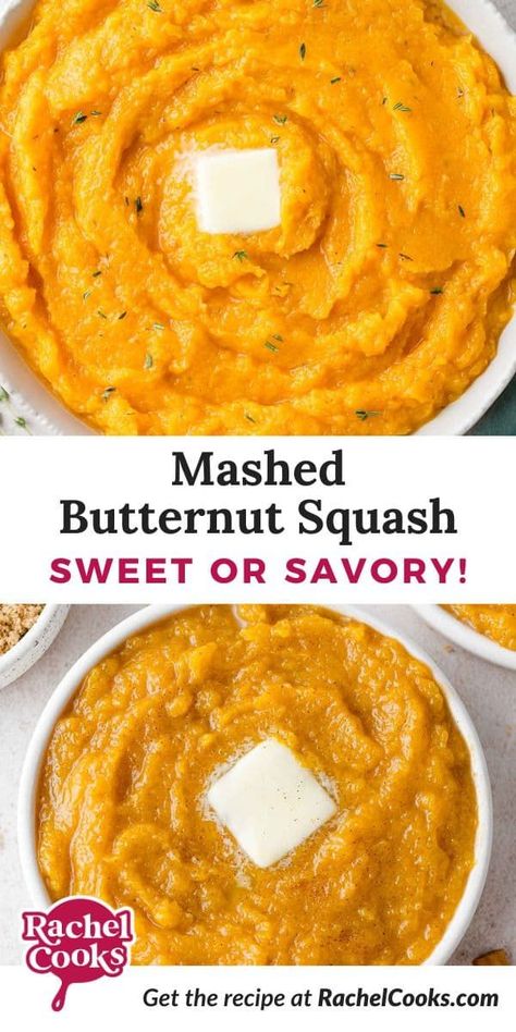 Whether you make it sweet or savory, mashed butternut squash will be a standout on your Thanksgiving table, or as a healthy side dish any day of the week! Butternut Squash Brown Sugar, Butternut Squash Recipes Healthy, Mashed Squash, Savory Butternut Squash, Mashed Butternut Squash, Butternut Squash Sweet, Baked Butternut Squash, Savory Recipe, Mash Recipe