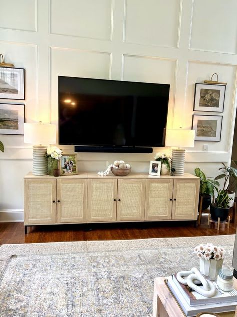 DIY TV Console Cabinet/Pottery Barn Dupe — Design of Your Life Pottery Barn Tv, Living Room Without Fireplace, Media Wall Ideas With Fireplace, Fireplace Media Wall, Diy Tv Console, Tv Stand Diy, Console Cabinets, Tv Console Cabinet, Tv Stand Decor