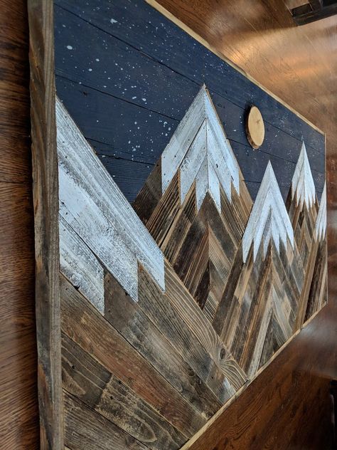 Handmade reclaimed wood snowcapped mountain peaks with night | Etsy Snowcapped Mountains, Mountain Wood Wall, Mountain Wood Art, Mountain Wood Wall Art, Reclaimed Wood Wall Art, Reclaimed Wood Art, Star Wall Art, Soyut Sanat Tabloları, Diy Holz