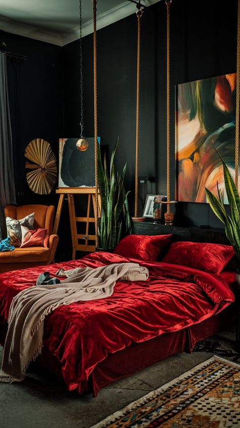 Step into a world of romance! This bedroom features dark walls paired with a vivid red velvet bedsheet, creating an intimate atmosphere perfect for passionate evenings. #homedesign #homedecor #halloweenvibe #homeinterior #interiordesign #homeinspo Dark Boho Aesthetic Bedroom, Red Bed Frame Room Ideas, Dark Bedroom Ideas Modern, All Red Bedroom, Red Maximalist Bedroom, Black And Maroon Bedroom, Bold Bedroom Color Scheme, Red Themed Bedroom Aesthetic, Red Room Inspiration