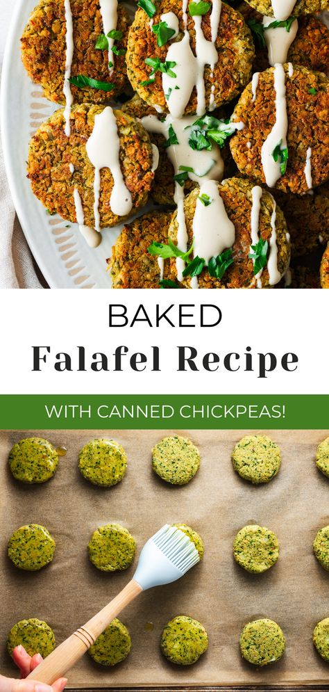 Craving a delicious and healthy Middle Eastern dish? You need to try this easy baked falafel recipe using canned chickpeas! These crispy and flavourful falafels are made with simple ingredients like canned chickpeas, fresh herbs, and spices, and they're baked instead of fried for a healthier twist. Perfect for a vegan wrap, pita sandwich, or salad topping, these oven-baked falafels are a great source of protein and can be made in 30 minutes. Try quick and easy baked falafels today! Airfry Falafel Recipe, Falafel Oven Baked, Easy Vegan Falafel Recipe, Easy Baked Falafel, Simple Falafel Recipe, Vegetarian Recipes Middle Eastern, Falafel Recipe Vegan, Flaffel Recipe, Baked Falafel Recipe Canned Chickpeas