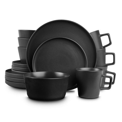 Black Dishes, Black Dinnerware Set, Matte Plates, Grey Dinnerware, Black Dinnerware, Dishware Sets, Fusion Restaurant, Stoneware Dinnerware Sets, Stoneware Dishes