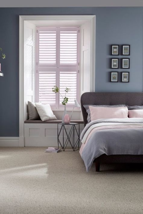 Dusty greys and blues with added hints of pale pink make the perfect calming bedroom interior. Mix different textures and modern furniture will complete the look. Our House Beautiful Shutters range is a perfect addition to the room. Soothing Bedroom, Calming Bedroom, Bedroom Color Schemes, Trendy Bedroom, Bedroom Paint, Blue Bedroom, Remodel Bedroom, Bedroom Carpet, Blue Walls