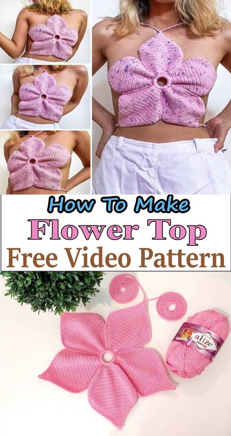 Crochet Flower Shirt Pattern, Crochet Flower Top Tutorial, Crochet Flower Top Pattern Free, Crochet Flower Top Pattern, Crochet Flower Top, Soothing Aesthetic, Crochet Floral Top, Crochet Pig, Crocheted Flower