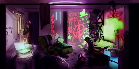 ArtStation - Concept Room (Cyber Punk Hacker), Nayara Glei Punk Rooms, Concept Art Room, Cyberpunk Rooms, Cyberpunk Room Decor, Punk Room Decor, Hacker Room, Room Concept Art, Cyberpunk Hacker, Cyberpunk Bedroom