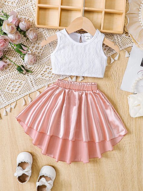 Baby Solid Tank Top & High Low Hem Skirt | SHEIN USA Kids Dress Wear, Baby Skirt, Lace Sleeveless Top, Skirts For Kids, Kids Fashion Dress, Rose Bonbon, Swag Outfits For Girls