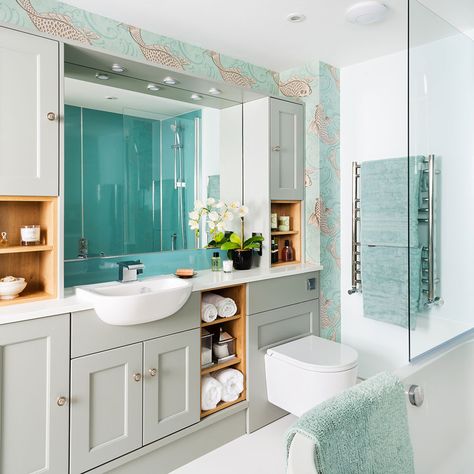 Classic bathroom makeover with Shaker fitted furniture and koi carp wallpaper Small Bathroom Fitted Furniture, Fitted Furniture Bathroom, Bathroom Fitted Furniture, Carp Wallpaper, Family Bathroom Ideas, Panelled Bathroom, Bathrooms Uk, Classic Bathroom Furniture, Ensuite Ideas