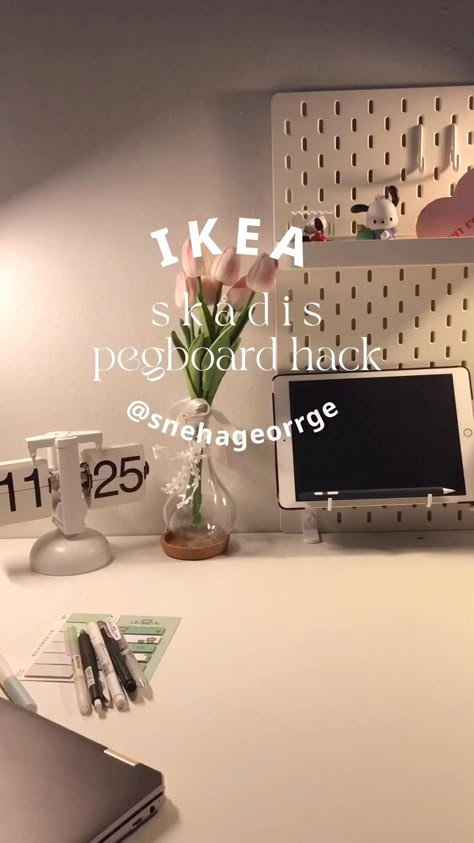 What you need
 • Skådis pegboard 
 • Skådis hooks (2pk) Room Decor Ikea Bedroom, Ikea Skadis Keyboard, White Classroom Aesthetic, Ikea Desk Ideas Aesthetic, Pegboard Inspo Aesthetic, Ikea Hacks For Office, Peg Board Desk Ideas, Pegboard Room Decor, Girly Desk Setup Aesthetic