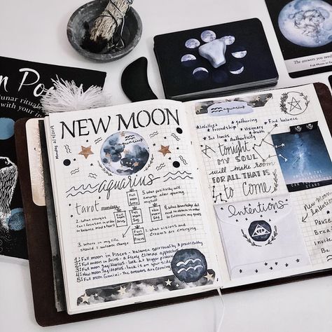 4,108 Likes, 34 Comments - Quinn Bouley (@mindful_hookup) on Instagram: “New Moon in Aquarius in my Book of Shadows. What intentions do you have that you would like to…” My Book Of Shadows, New Moon In Aquarius, Moon Energy, Moon In Aquarius, Magia Das Ervas, Moon Journal, Grimoire Book, Book Of Shadow, Witching Hour