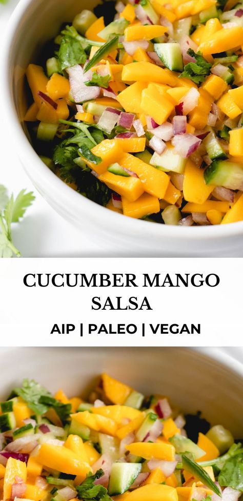 This Cucumber Mango Salsa is a fresh and bright salsa that’s nightshade free and perfect for snacking, or as an accompaniment to grilled meats and veggies. This recipe is AIP, paleo, vegan and Whole30 compliant. #healmedelicious #aip #aiprecipes #paleorecipes #paleo #whole30recipes #whole30 #vegan #autoimmunedisease #aipdiet #autoimmunepaleo #aipprotocol #nightshadefree #coconutfree #dairyfree #healthydinnerrecipes #dinnerideas #breakfastideas #mangosalsa #sides #toppings #tacos #salads Aip Diet Cheat Sheet, Aip Sides Recipes, Pete Evans Paleo Recipes, Modified Aip Recipes, Aip Diet Snacks, Aip Mediterranean Recipes, Whole 30 Recipes Snacks, Aip Friendly Recipes, Simple Aip Meals