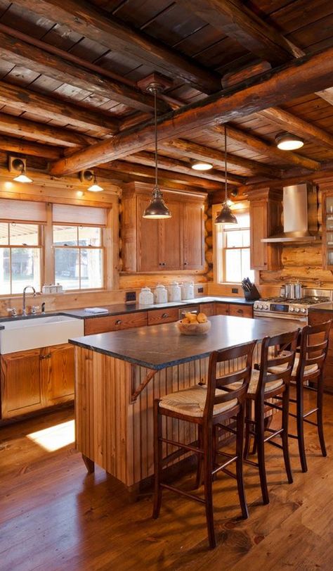 Log Cabin Lighting, Log Cabin Kitchens, Log Cabin Kitchen, Log Home Kitchen, Soapstone Kitchen, Log Home Kitchens, Log Cabin Interior, Soapstone Countertops, Log Cabin Ideas