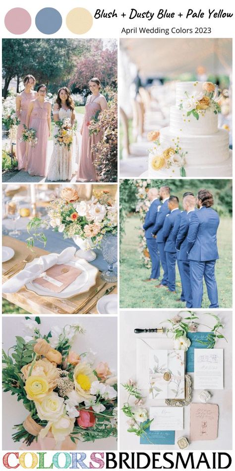 blush, dusty blue, and pale yellow April wedding colors for 2023, blush bridesmaid dress, white bridal gown, dusty blue groomsmen suits, blush and pale yellow flowers in wedding cake, wedding table setting and bridal bouquet, wedding invitation with blush and dusty blue cover. #weddingideas #bridesmaiddresses #springweddings #aprilwedding #colsbm #2023 #blushwedding Dusty Blue Pink And Yellow Wedding, Blue Yellow Pink Wedding, Dusty Blue Blush Yellow Wedding, Blue Pink Yellow Wedding Color Palettes, Dusty Blue And Pale Yellow Wedding, Light Blue And Pale Yellow Wedding, Peach And Pale Blue Wedding, Dusty Blue And Peach Wedding Theme, Light Blue And Yellow Wedding