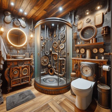 Steampunk bathroom design ⚙️🛁 Steampunk Bathroom Ideas, Steampunk Room, Steam Punk Bathroom, Steampunk Toilet, Steampunk Mirrors, Steampunk Toothbrush Holder, Steampunk Tardis Interior, Steampunk Interior Design, Steampunk Bathroom