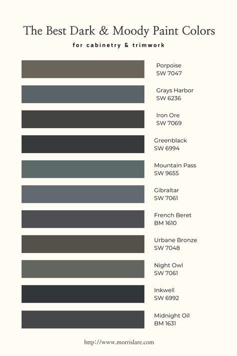 Best Dark Academia Paint Colors, Dark Trim Colors Interior, Moody Trim Colors, Moody Navy Paint Colors, Dark Color Built Ins, Moody Dark Paint Colors, Dark Walls Dark Trim, Moody White Paint Colors, Dark Academia Paint Colors Benjamin Moore