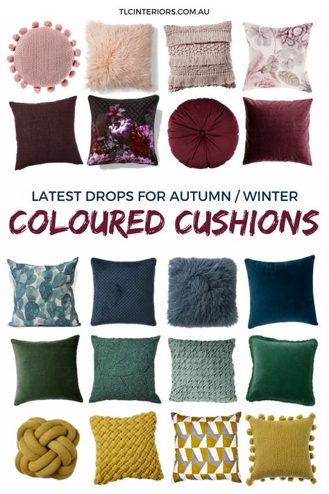 coloured cushions mood board for autumn winter Sofa Cushion Design Ideas, Cushions On Sofa Color Schemes, Sofa Cushions Arrangement, Sofa Cushion Design, Cushion Design Ideas, Cushion Arrangement, Rustic Crochet, Bedroom Linens, Green Room Decor